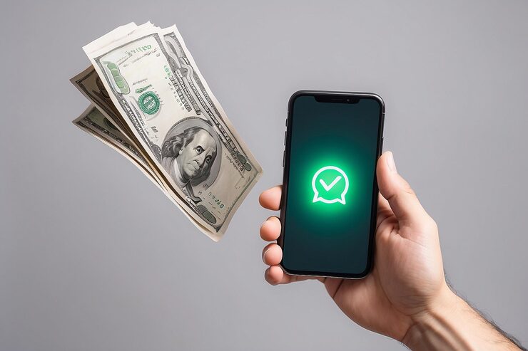 man showing smartphone with blank screen light grey background closeup money flying around 1199132 198436