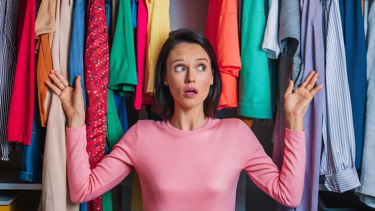 woman head sticking out through different multicolored clothes looks away with stunned expression 926199 2191067