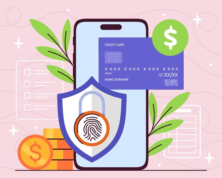 banking application security smartphone with bank card shield with fingerprint authentication verification identity confirmation biometrics flat vector illustration 118813 28194