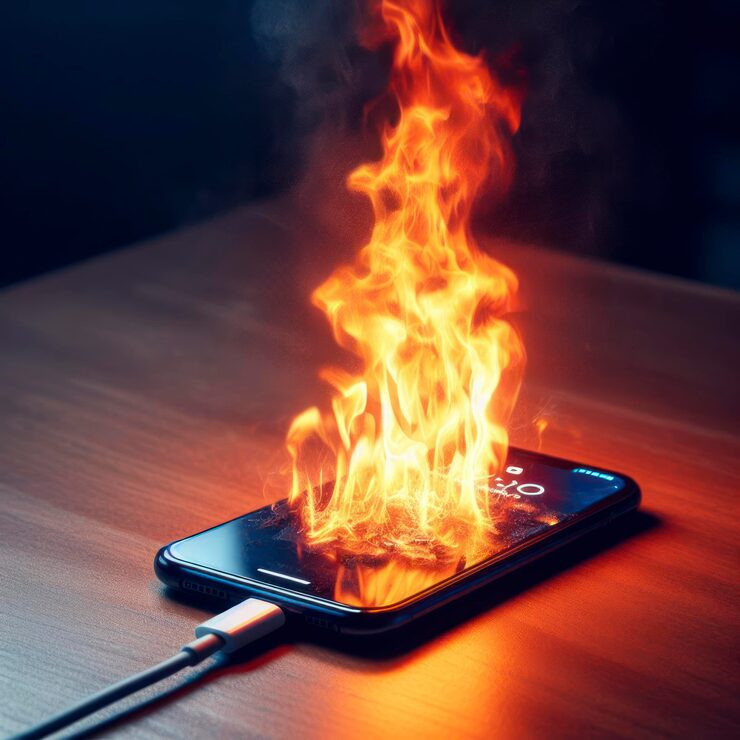 mobile phone catches fire whilst charging fire hazard from mobile device ai generative 955712 8150