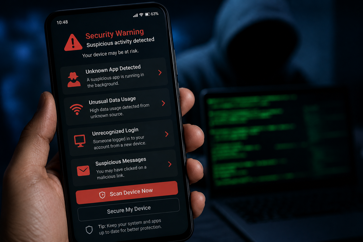 Smartphone showing suspicious activity that may indicate hacking