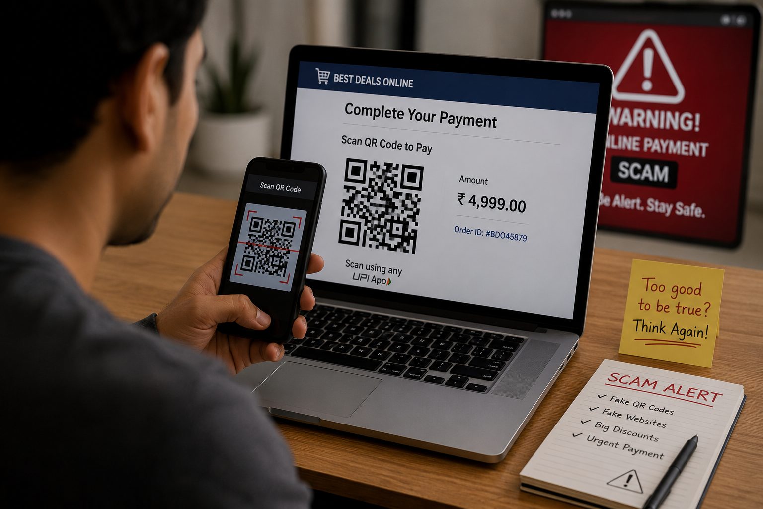 Person scanning a fake QR code during an online payment scam