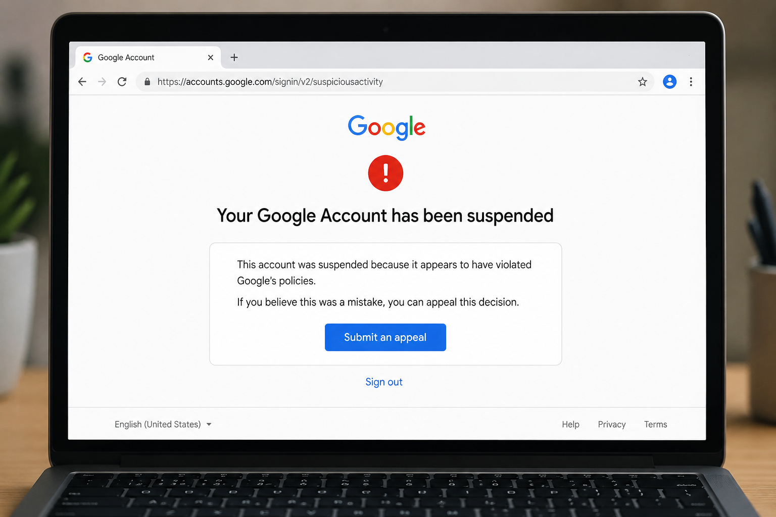 Google account suspended notification displayed on a computer screen