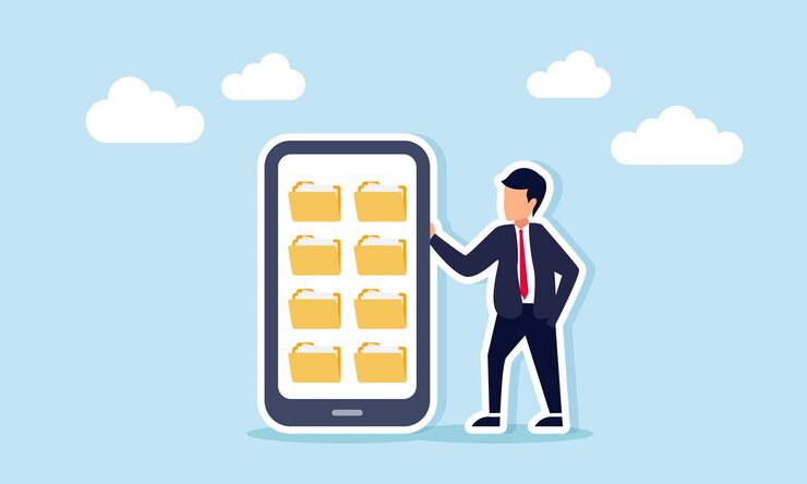 businessman standing beside smartphone displaying multiple document folders digital business archive illustration 466036 5958