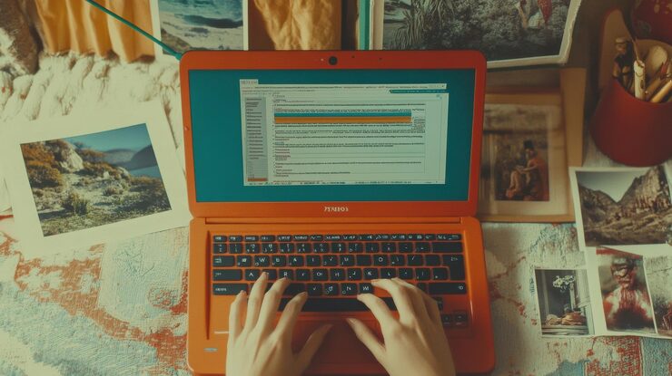 hands typing orange laptop surrounded by photos workspace 43379 10970