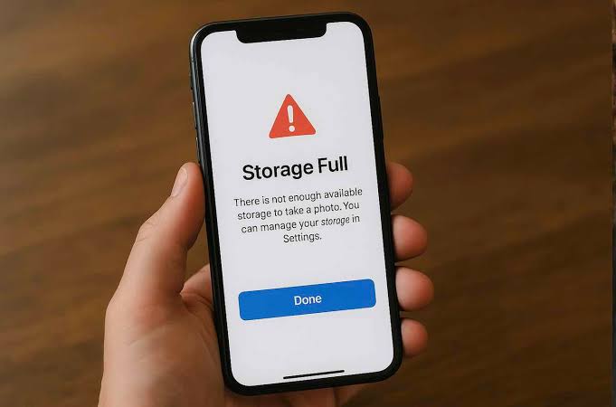 Android smartphone displaying phone storage full warning