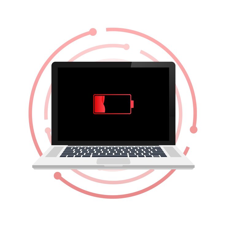 Windows laptop showing low battery warning and battery percentage drop