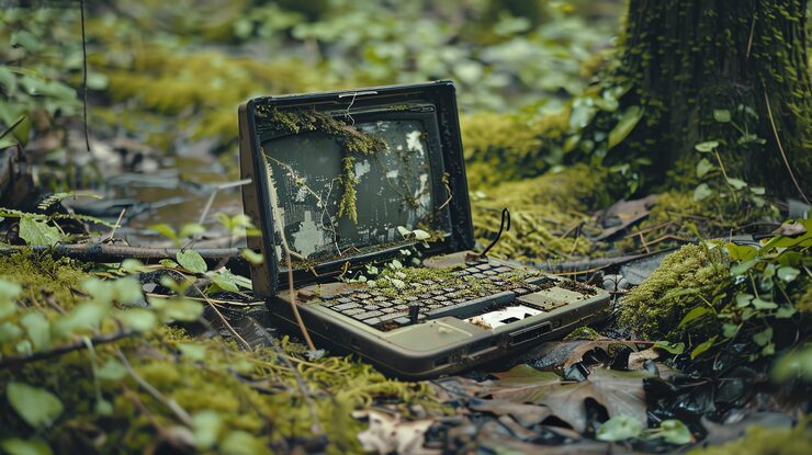 old laptop abandoned woods covered moss leaves 14117 1093959