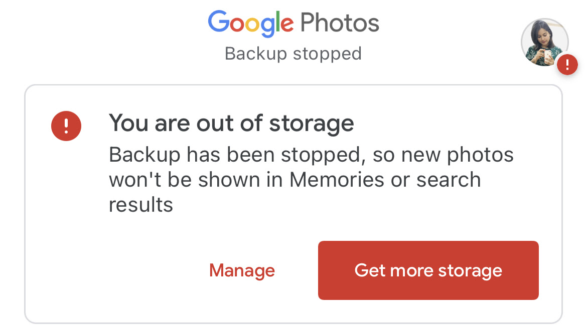 Google Photos showing backup paused or failed notification