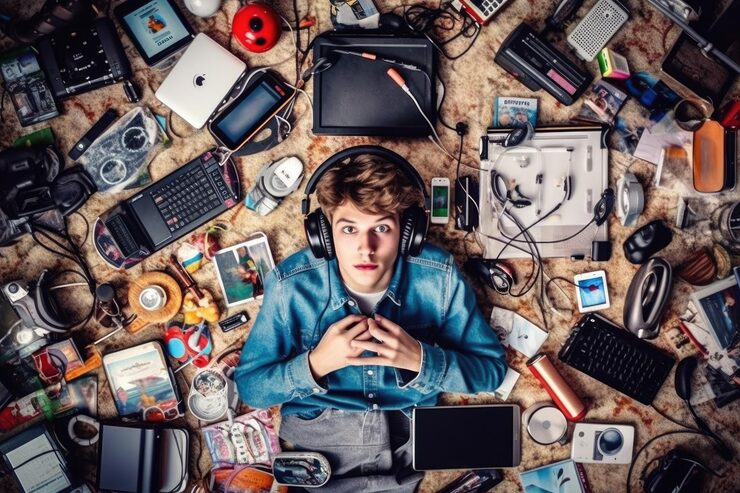 top view scandinavian teenage male lying floor with many electronic devices generative ai aig30 31965 197340